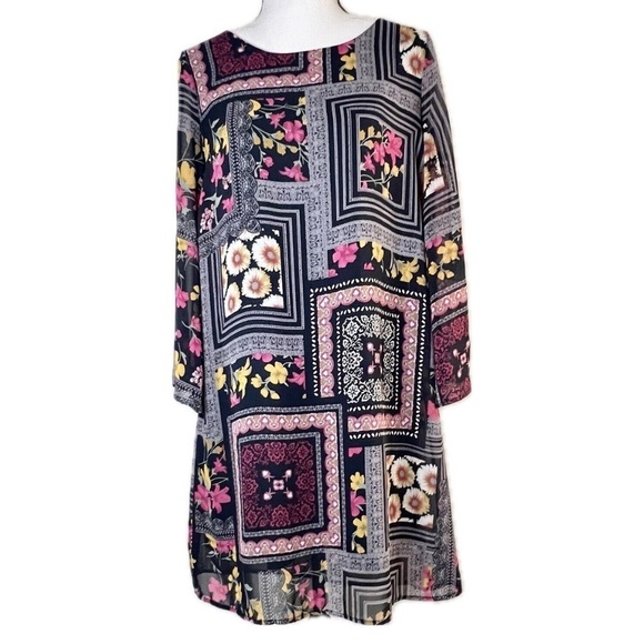 Millibon Women's Boho Patchwork‎ Multicolor Dress Sheer Flare Sleeves Size M - Picture 1 of 7